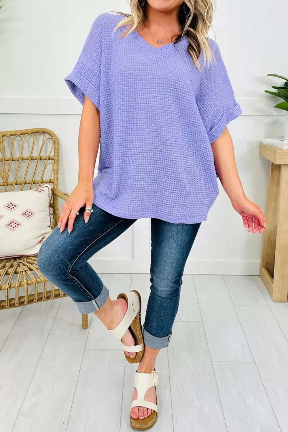 Waffle V Neck Short Sleeve Top