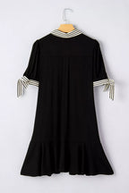 Stripe Detail Polo Collar Half Buttons Tied Short Sleeve Shift Mini Dress