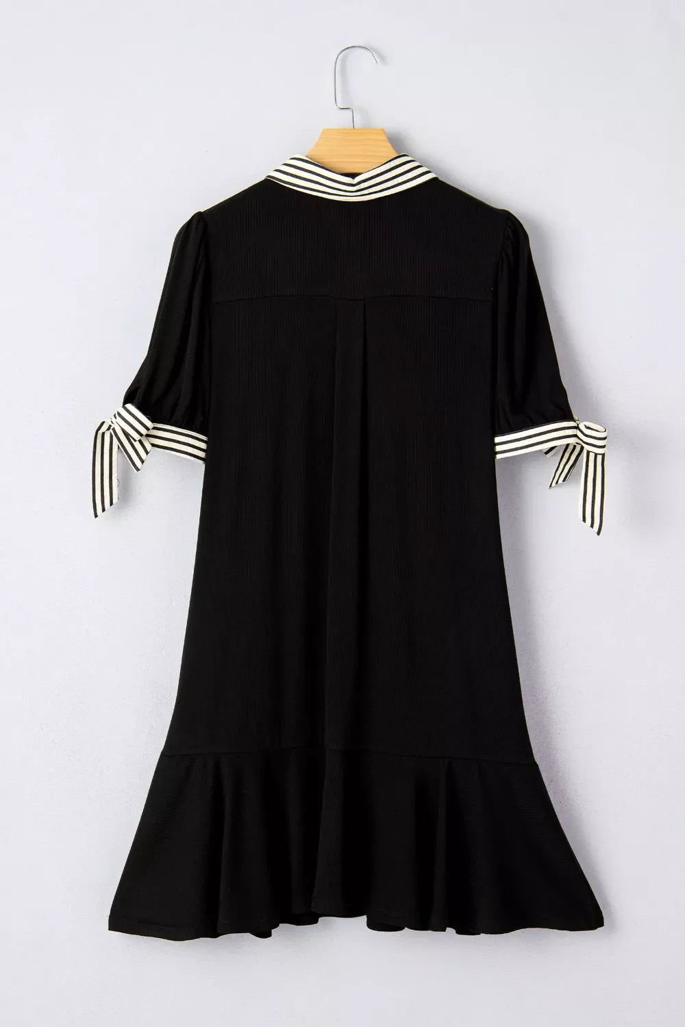 Stripe Detail Polo Collar Half Buttons Tied Short Sleeve Shift Mini Dress