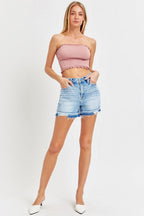 RISEN High Rise Distressed Hem Denim Shorts
