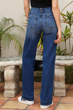 Double Button Zip Fly Straight Leg Jeans