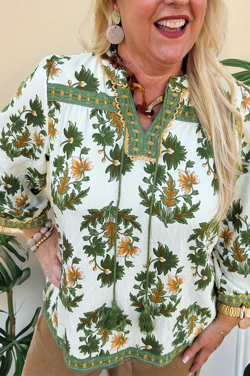 Plus Size Floral Printed Contrast Patchwork Detail Tassel Tie 3/4 Sleeve Blouse