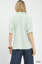 Umgee Textured Ruffle Sleeve V-Neck Top