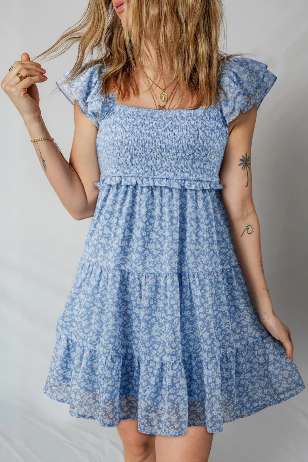 Floral Print Square Neck Flutter Sleeve Smocked Tiered Mini Dress