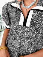 Leopard Print Contrast Striped Trim Polo Collar Short Sleeve Dress with Pockets
