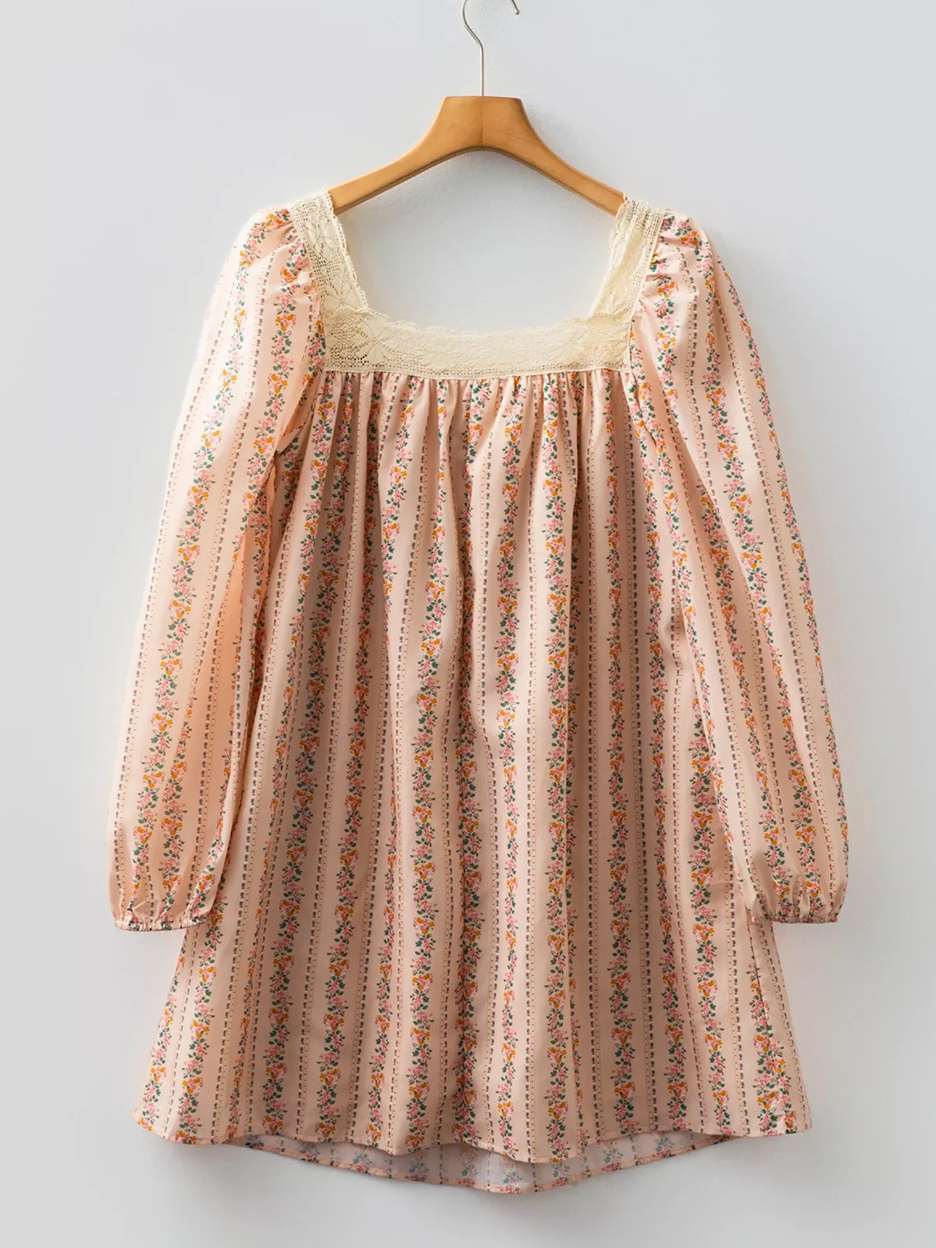 Floral Print Bow Lace Patchwork Long Sleeve Loose Mini Dress