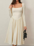 Square Neck Long Sleeve Midi Dress