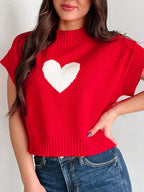 Heart Ribbed Hem Short Sleeve Sweater