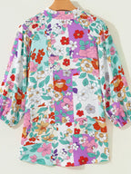 Floral Print Patchwork Frilly Neckline Long Sleeve Shirt