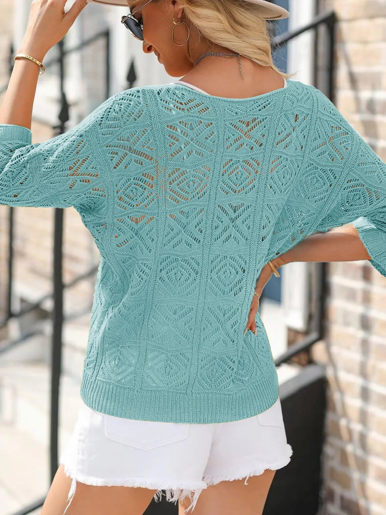 Openwork 3/4 Sleeve Knit Cover Up