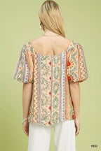 Umgee Patchwork Puff Sleeve Smocked Blouse