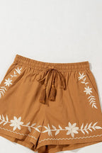 Embroidered Boho Tasseled Drawstring Elastic Waist Casual Shorts