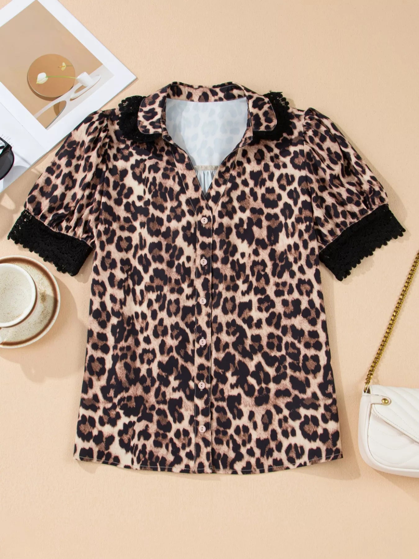 Leopard Print Button Down Lace Trim Short Sleeve Shirt