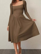 Square Neck Long Sleeve Midi Dress