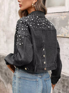 Pearl Embellished Cropped Denim Jacket