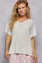 POL Ribbed Knit V-Neck Short Sleeve T-Shirt with Side Slit
