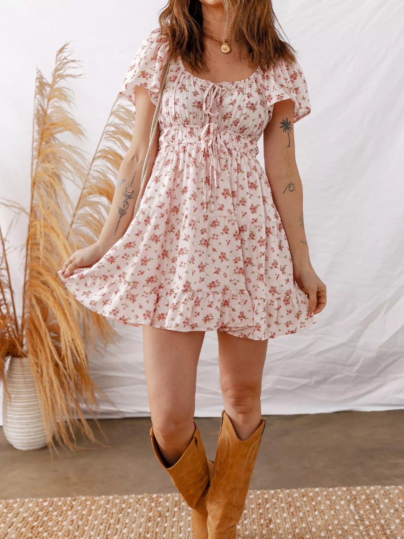 Front Tie Shirred Waist Short Sleeve Ruffled Floral Mini Dress