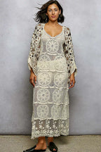 POL Open Front Floral Pattern Crochet Cardigan