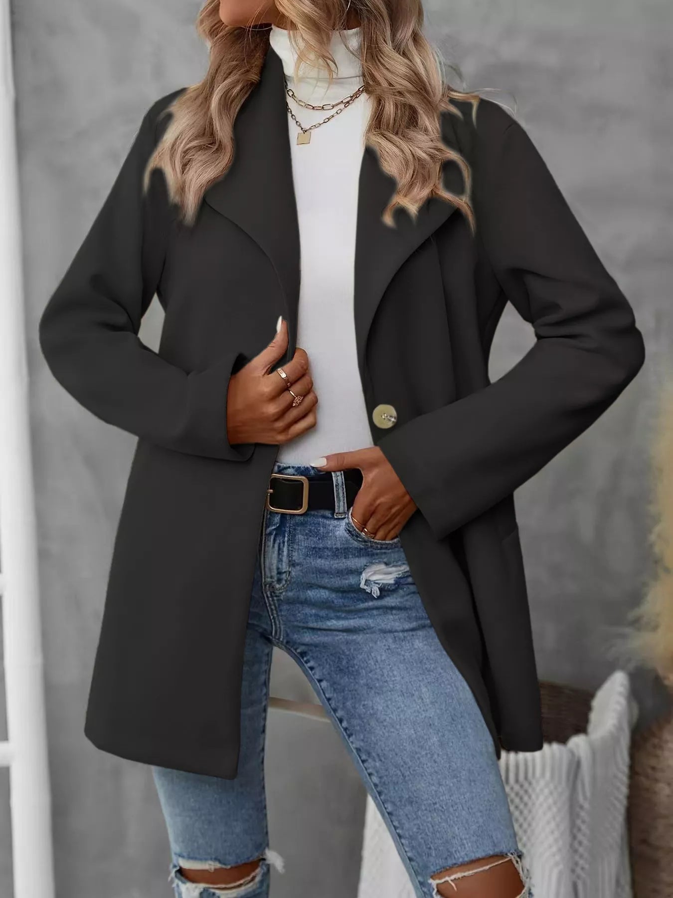Lapel Collar Single-Button Wool Blend Overcoat