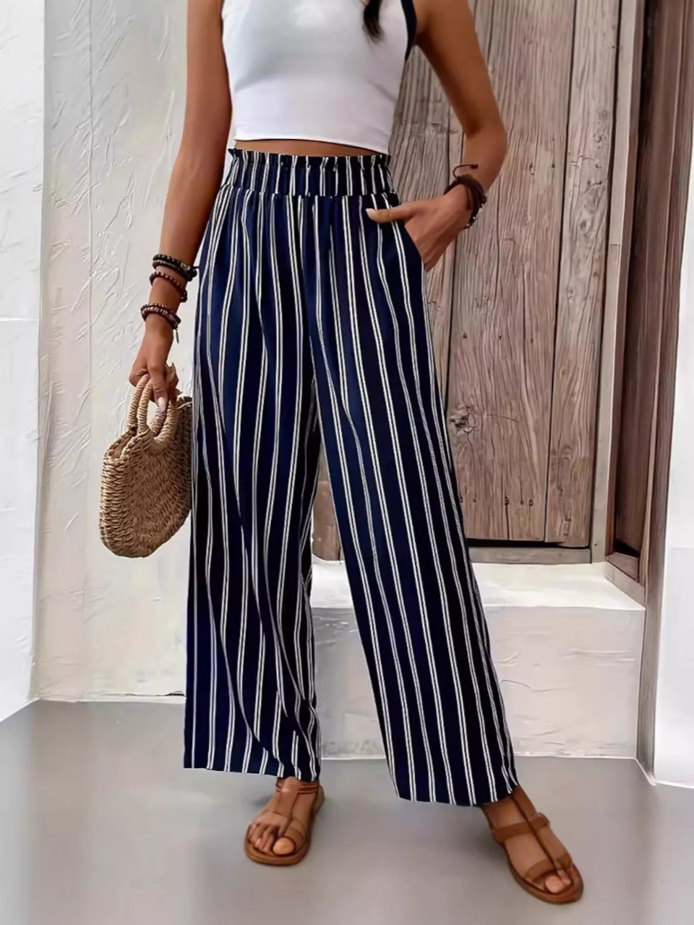 Full Size Striped High Waist Wide Leg Pants Plus Size