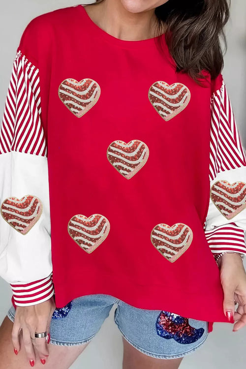 Color Block Striped Patchwork Valentines Day Sequin Heart Graphic Sweatshirt