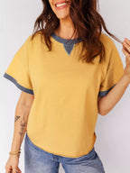 Contrast Trim Raw Hemline Short Sleeve Loose Top