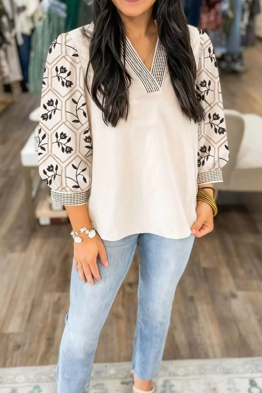 Notched Floral Sleeve Blouse