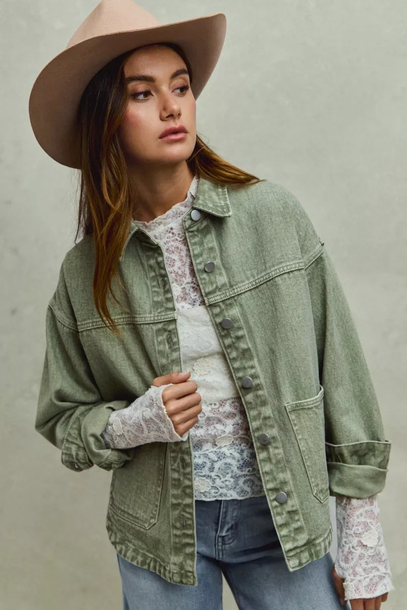 SO ME Vintage Washed Button Twill Shacket