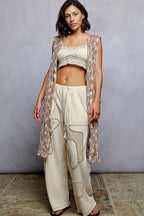 POL Metal Button Down Crochet Sleeveless Longline Cardigan