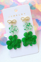 Green Double Clover Dangle Pendant Bow Stud Earrings