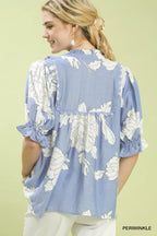 Umgee Peony Illustration Print Top with Scalloped Trim