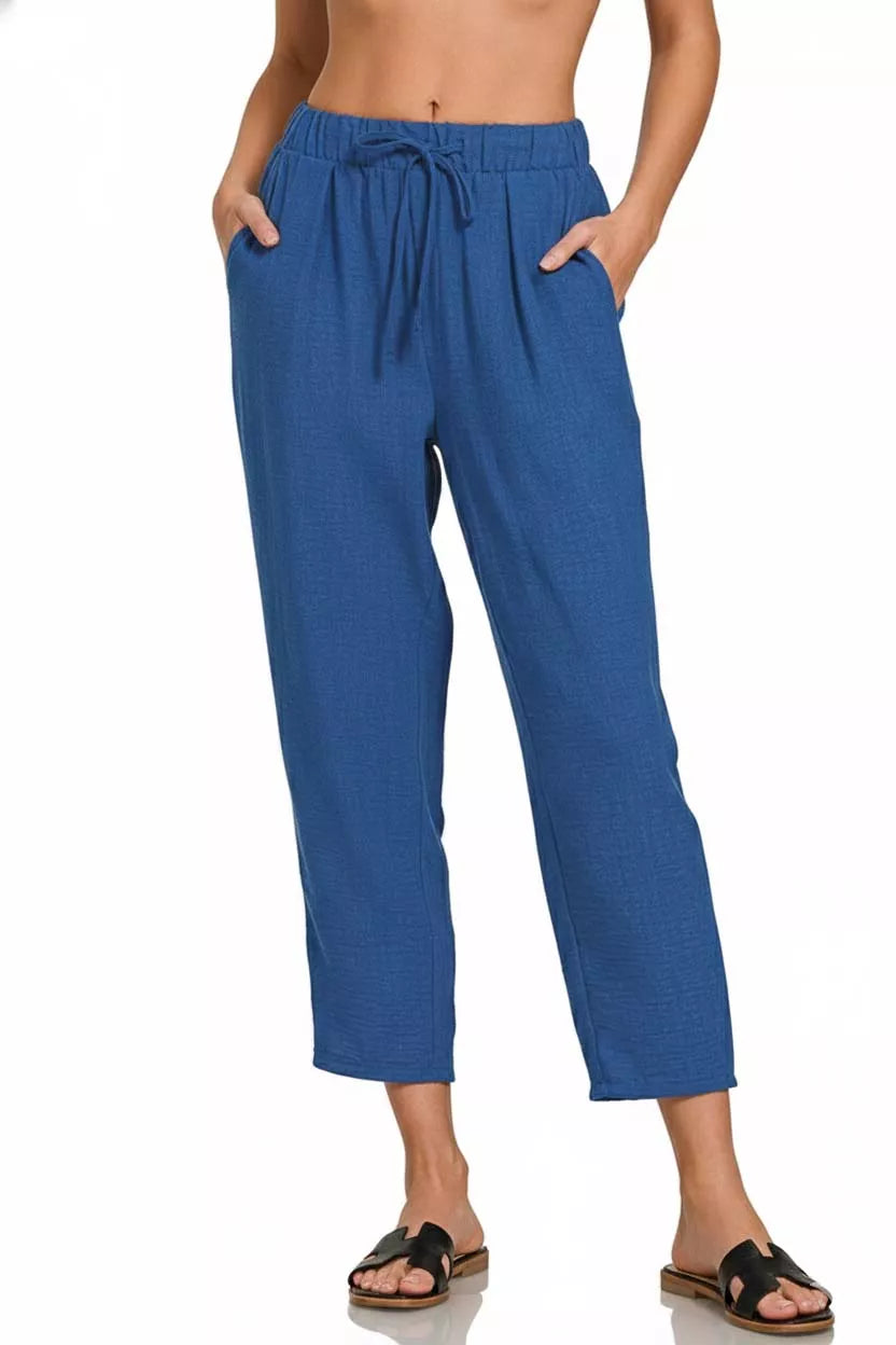 Zenana Woven Crepe Elastic Band Waist Pants