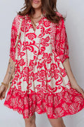 Collared V Neck Half Sleeve Loose Flower Mini Dress