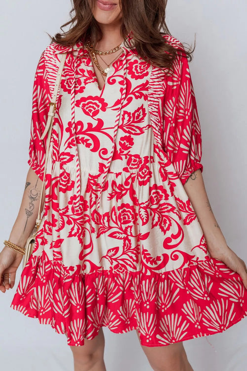 Collared V Neck Half Sleeve Loose Flower Mini Dress