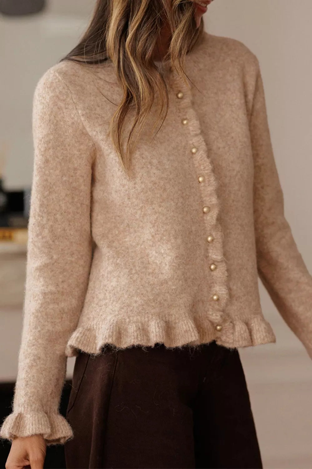 Ruffled Trim Button-Down Cardigan