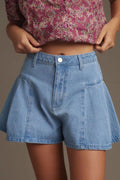 Pleated Patchwork Panel Lightweight Denim Shorts