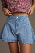 Pleated Patchwork Panel Lightweight Denim Shorts