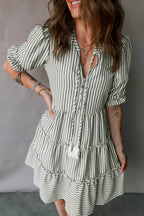 Stripe Tasseled Tie Neck Ruffled Short Sleeve Tiered Flattering Dress
