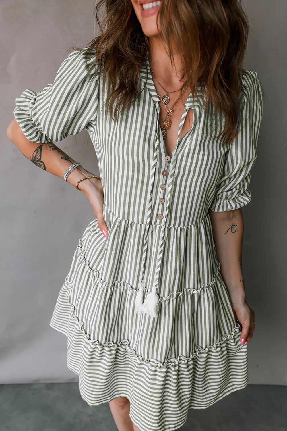 Stripe Tasseled Tie Neck Ruffled Short Sleeve Tiered Flattering Dress