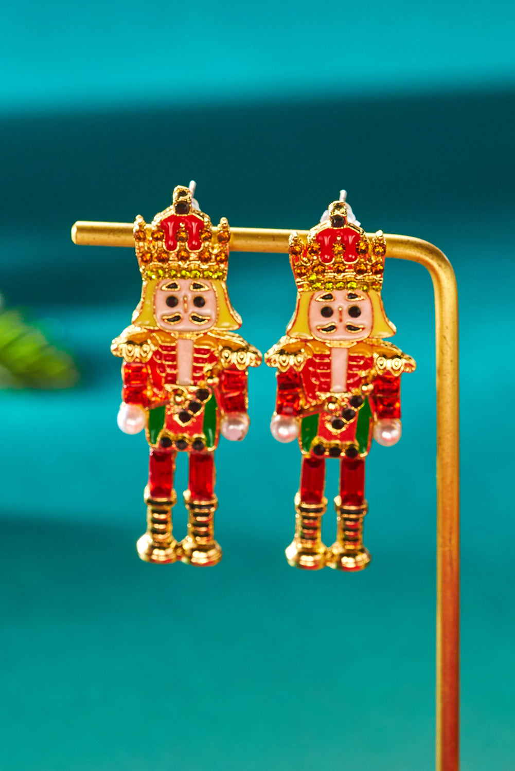 Gold Christmas Nutcracker Doll Alloy Gem Holiday Earrings