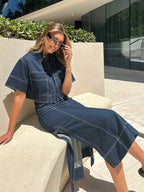 High-Waist Side Slit Contrast Stitch Denim Maxi Skirt