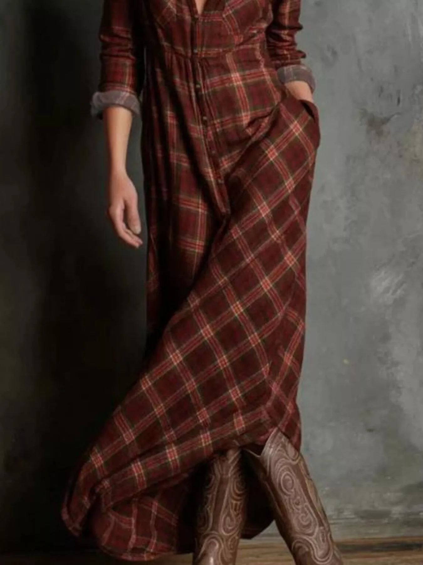 Plaid Long Sleeve Maxi Dress