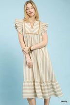 Umgee Stripe Ruffle Sleeve Tiered Midi Dress