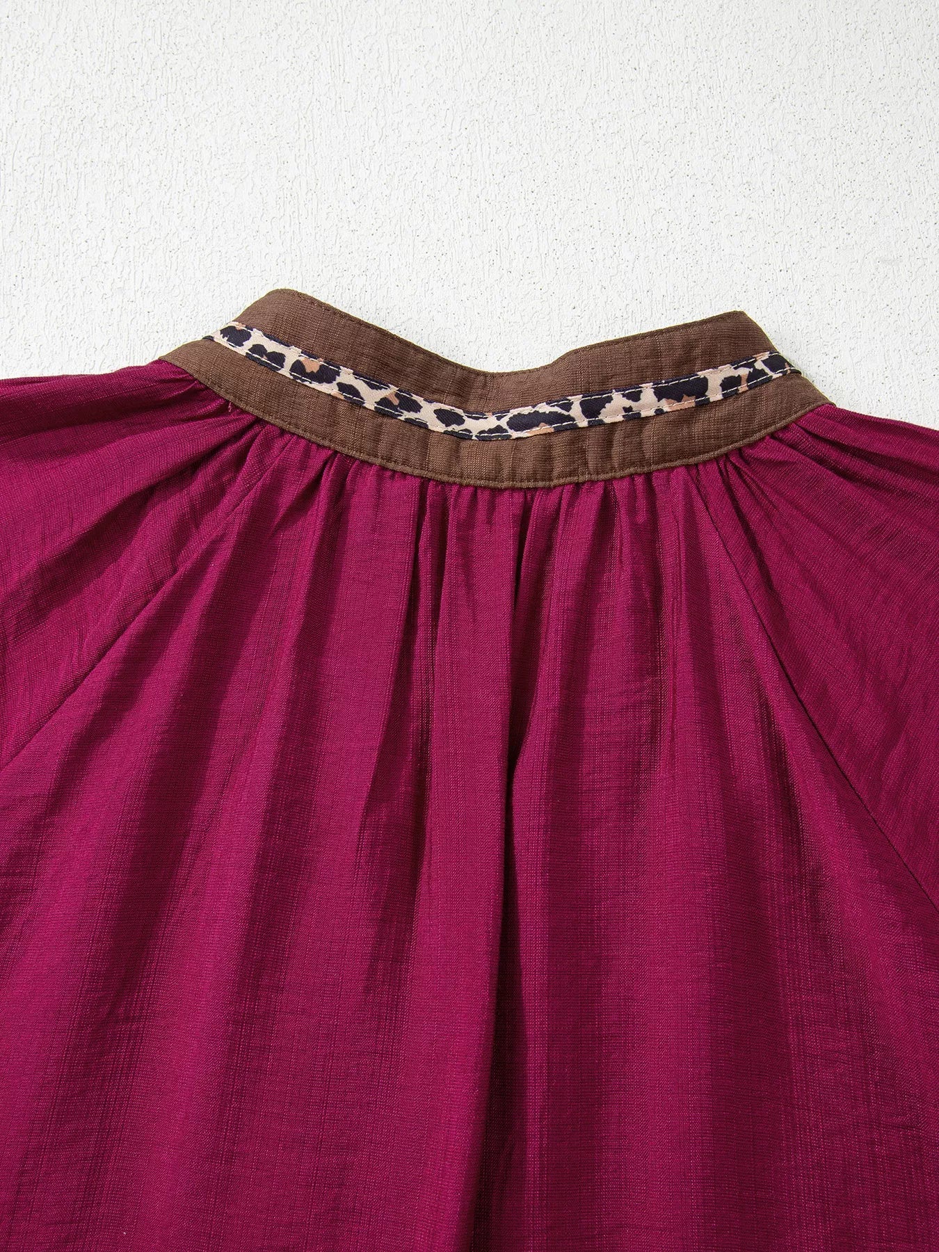 Leopard Trim V Neck Flounced Bracelet Sleeve Blouse
