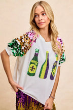 BiBi Sequin Mardi Gras Bottles Spangled Sleeve Top