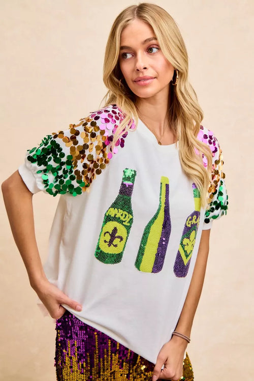 BiBi Sequin Mardi Gras Bottles Spangled Sleeve Top