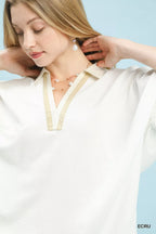 Umgee Contrast Collar V-Neck Top