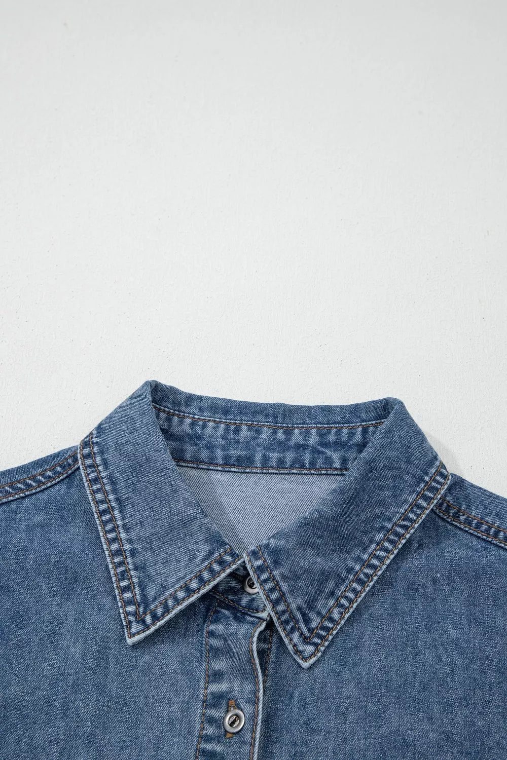 Button Flap Pocket Cuffed Short Sleeve Denim Shacket