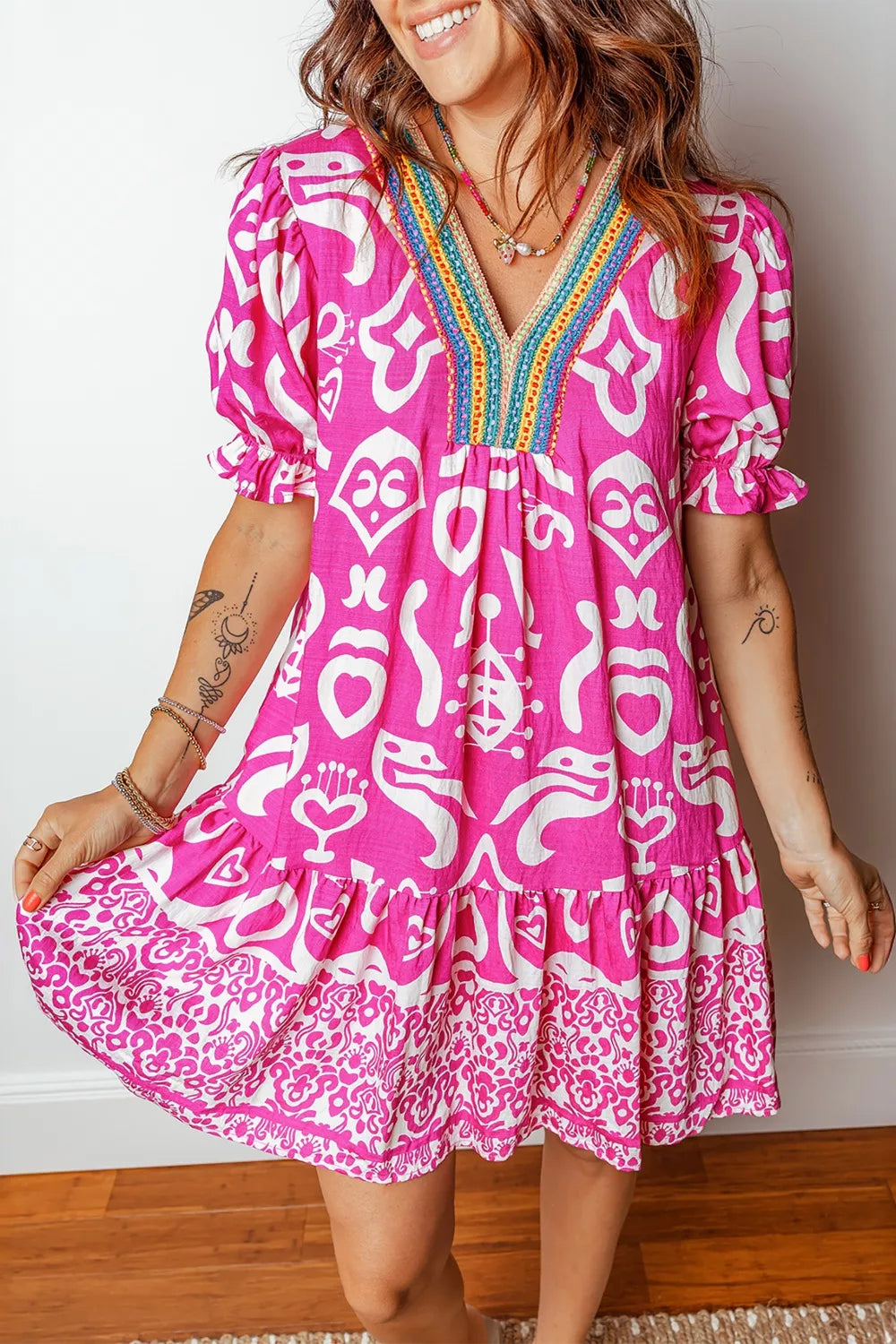 Mixed Print Contrast Trim V Neck Short Sleeve Flared Dress