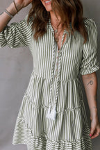 Stripe Tasseled Tie Neck Ruffled Short Sleeve Tiered Flattering Dress